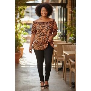 Womens Orange Black Tiger Stripe Smocked Off Shoulder Puff Sleeve Blouse Top